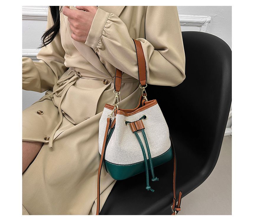 Faux Leather Panel Drawstring Bucket Bag