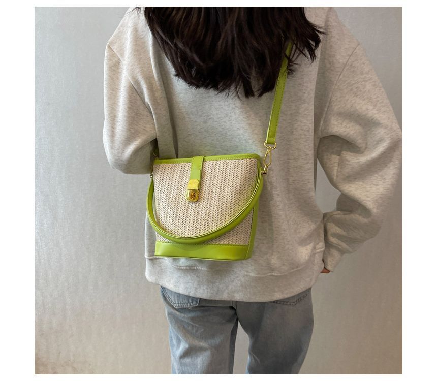 Woven Top Handle Buckled Bucket Bag