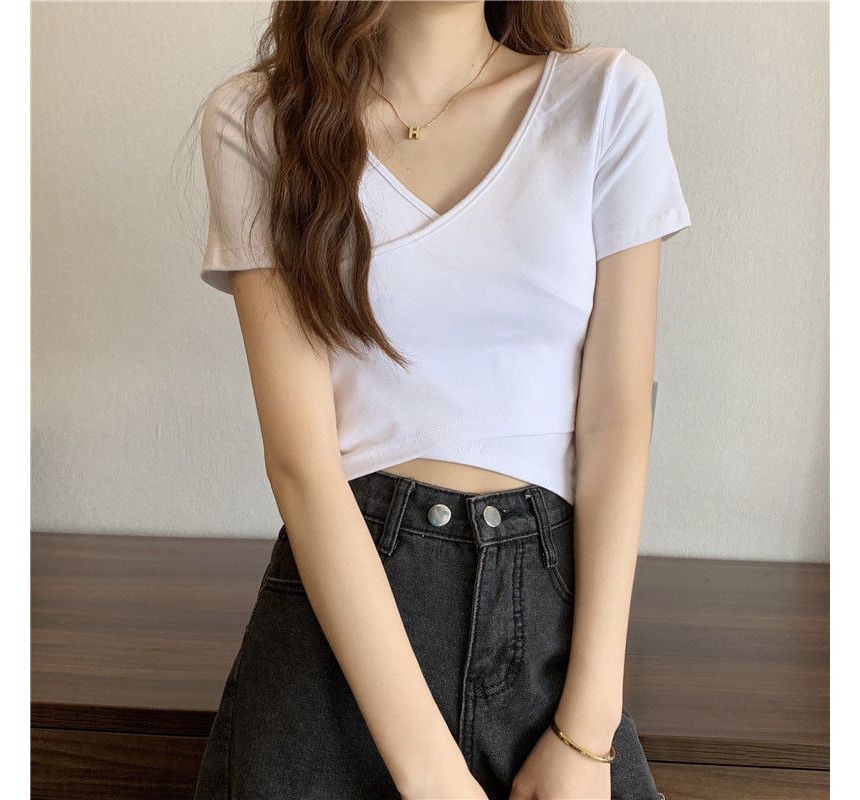 Short-Sleeve V-Neck Plain Wrap Crop T-Shirt
