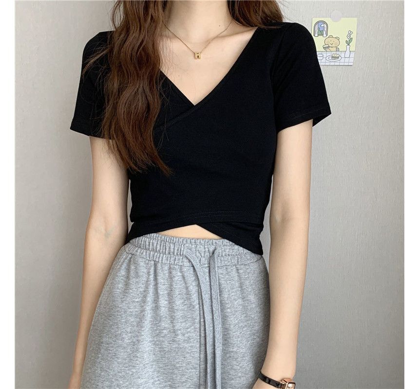 Short-Sleeve V-Neck Plain Wrap Crop T-Shirt