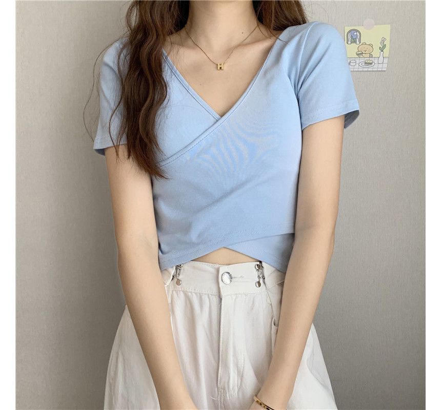 Short-Sleeve V-Neck Plain Wrap Crop T-Shirt