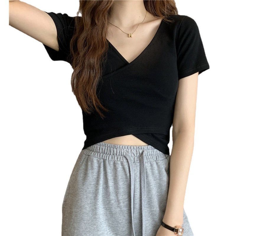 Short-Sleeve V-Neck Plain Wrap Crop T-Shirt