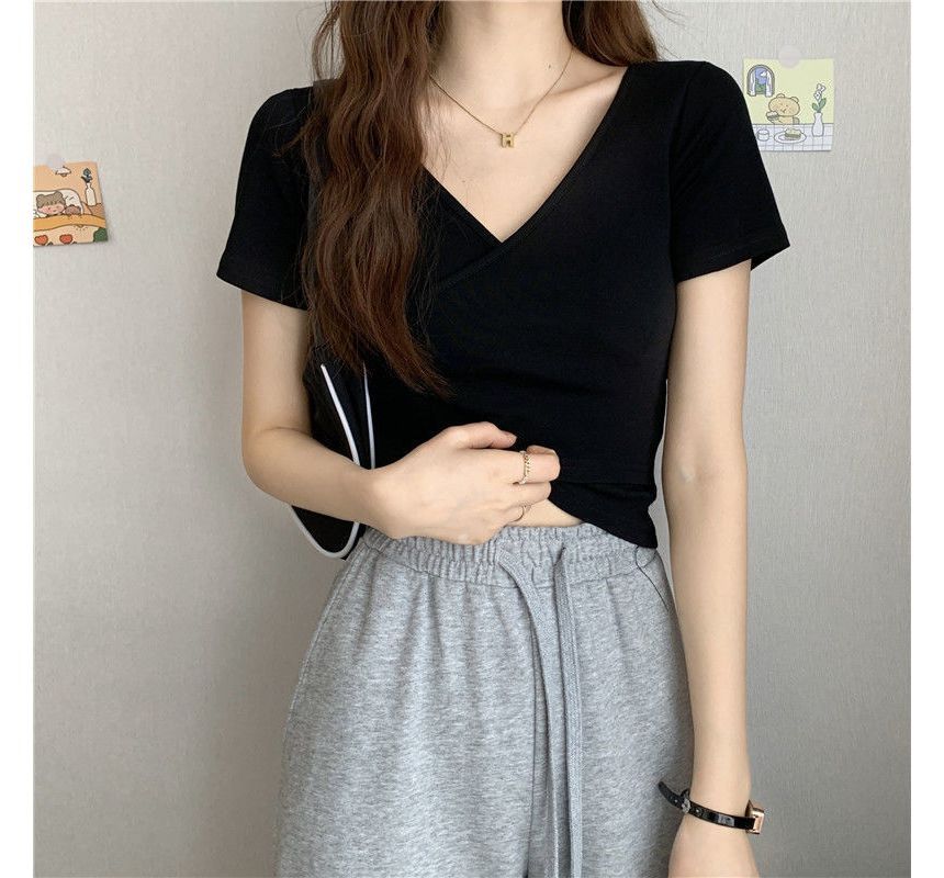 Short-Sleeve V-Neck Plain Wrap Crop T-Shirt