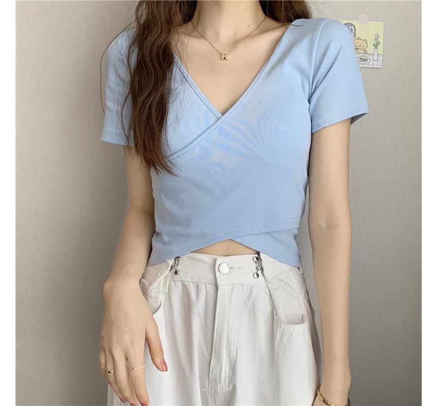 Short-Sleeve V-Neck Plain Wrap Crop T-Shirt