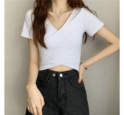 Short-Sleeve V-Neck Plain Wrap Crop T-Shirt