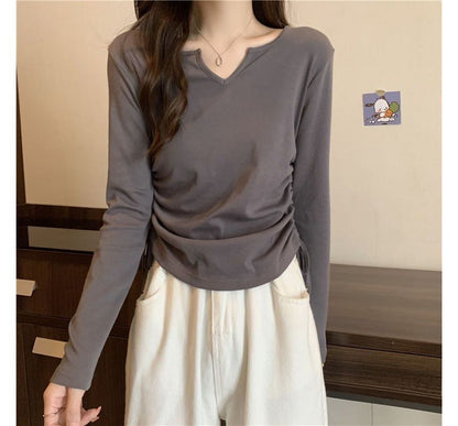 Long-Sleeve V-Neck Plain Drawstring T-Shirt