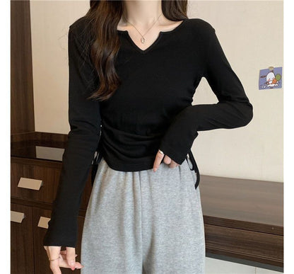 Long-Sleeve V-Neck Plain Drawstring T-Shirt