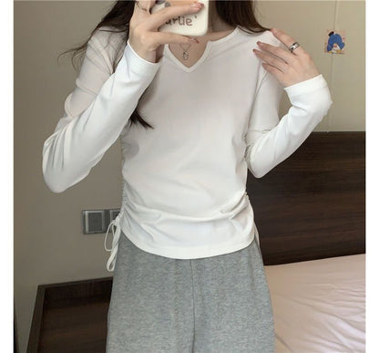 Long-Sleeve V-Neck Plain Drawstring T-Shirt
