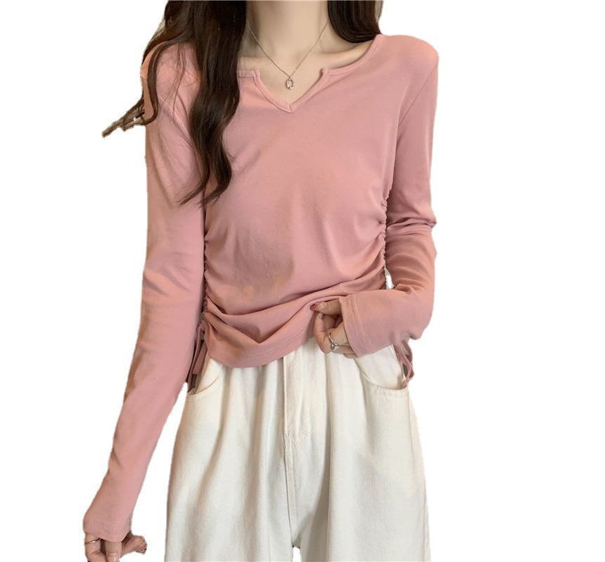 Long-Sleeve V-Neck Plain Drawstring T-Shirt