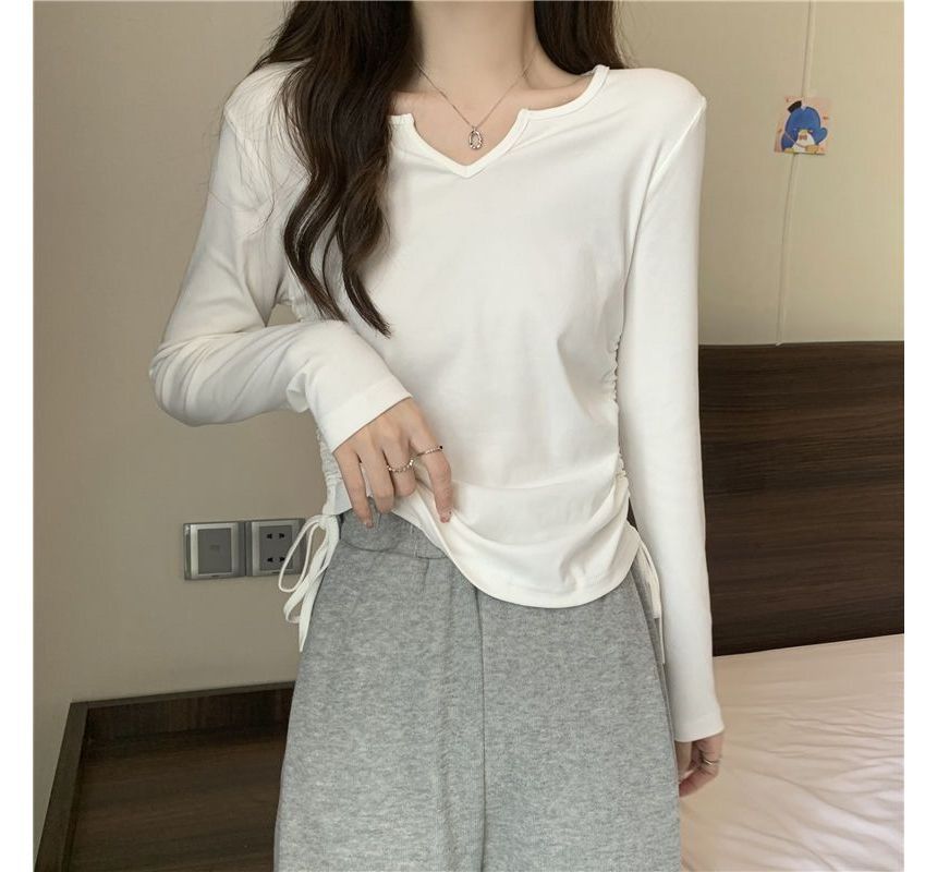 Long-Sleeve V-Neck Plain Drawstring T-Shirt