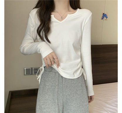 Long-Sleeve V-Neck Plain Drawstring T-Shirt