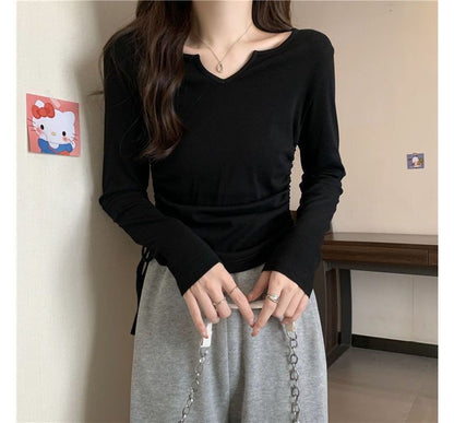 Long-Sleeve V-Neck Plain Drawstring T-Shirt