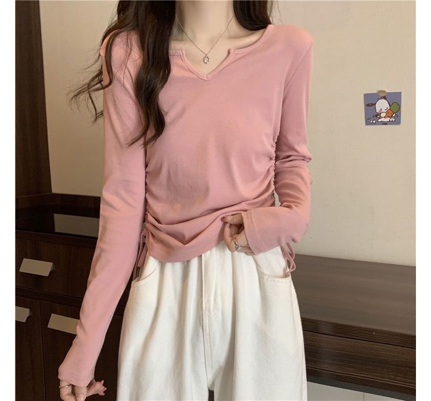 Long-Sleeve V-Neck Plain Drawstring T-Shirt