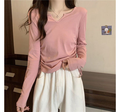 Long-Sleeve V-Neck Plain Drawstring T-Shirt