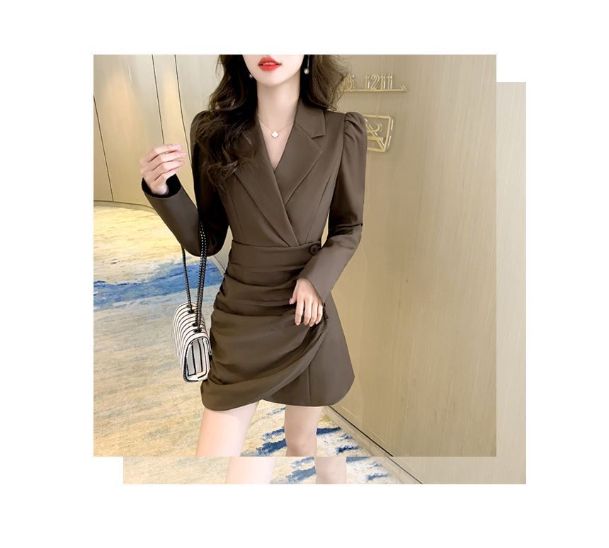 Long-Sleeve Wrapped Plain Mini Blazer Dress