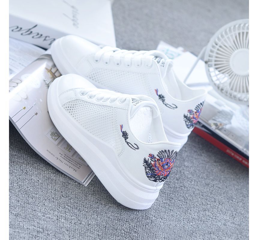 Floral Embroidered Mesh Panel Platform Sneakers