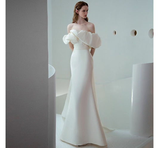 Off-Shoulder Puff-Sleeve Mermaid Wedding Gown