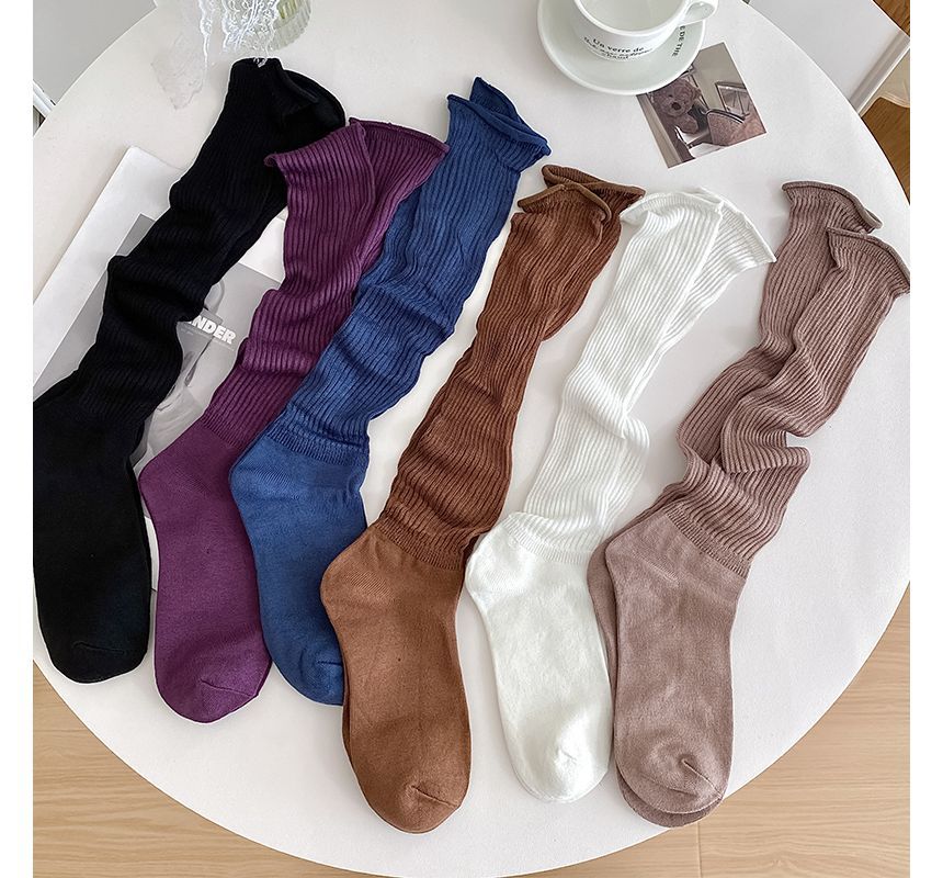 Set of 2 Pairs: Plain Ribbed Shirred Tall Socks