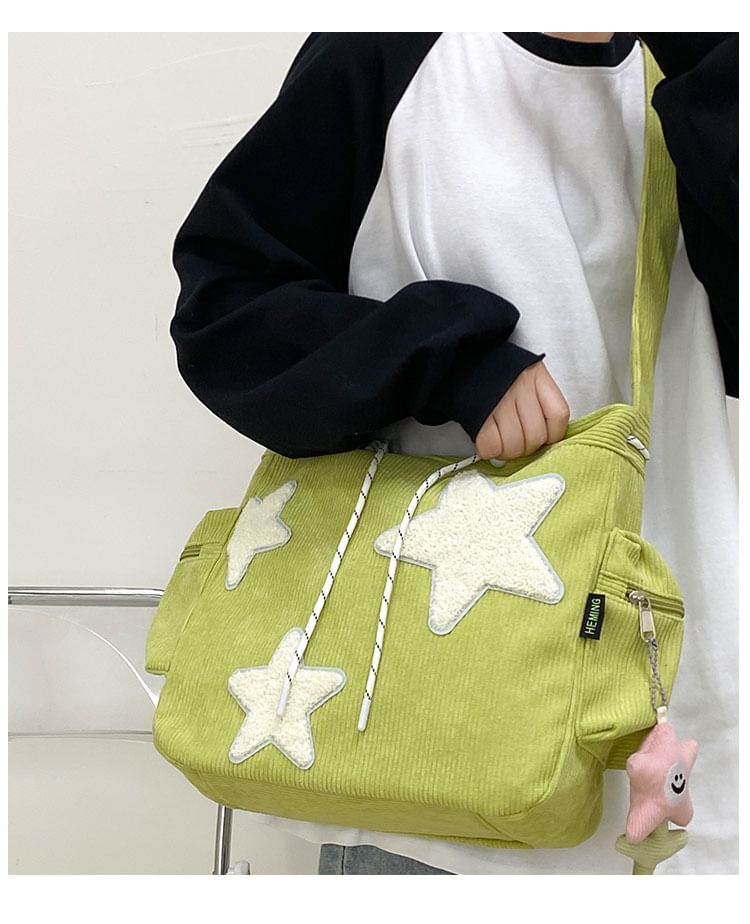 Corduroy Star Applique Drawstring Crossbody Shoulder Bag