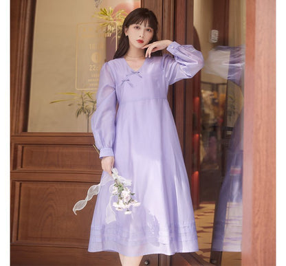 Puff-Sleeve Floral Embroidered Frog Buttoned Ruffled Midi A-Line Dress