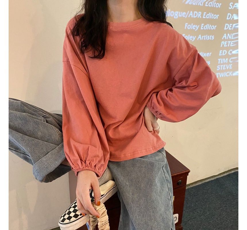 Balloon Sleeve Round Neck Plain Tee