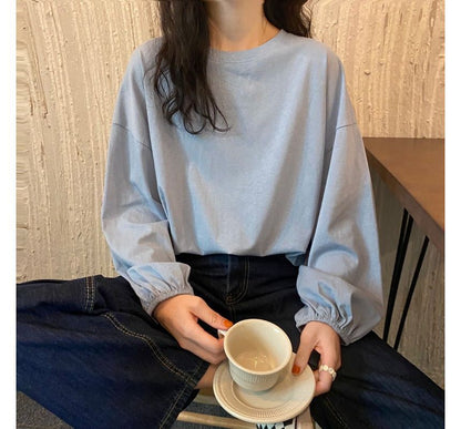 Balloon Sleeve Round Neck Plain Tee