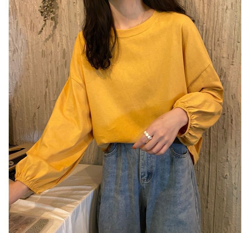 Balloon Sleeve Round Neck Plain Tee