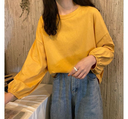 Balloon Sleeve Round Neck Plain Tee