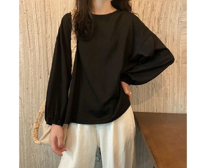 Balloon Sleeve Round Neck Plain Tee