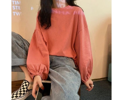 Balloon Sleeve Round Neck Plain Tee