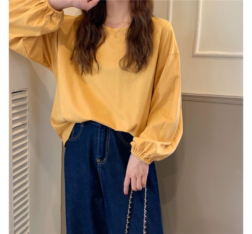 Balloon Sleeve Round Neck Plain T-Shirt