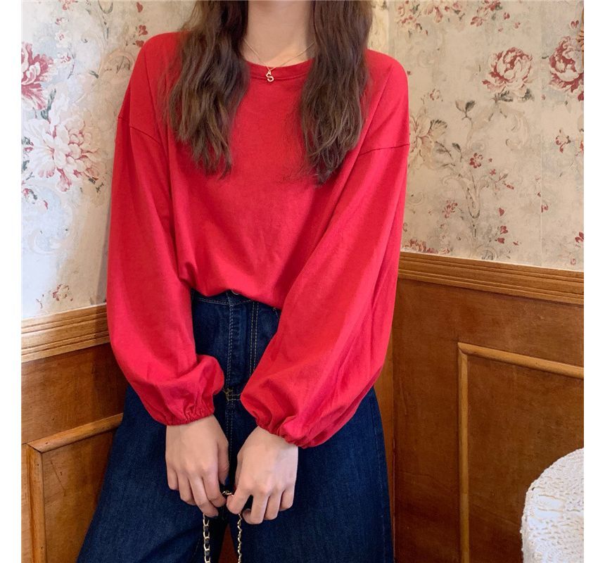 Balloon Sleeve Round Neck Plain T-Shirt