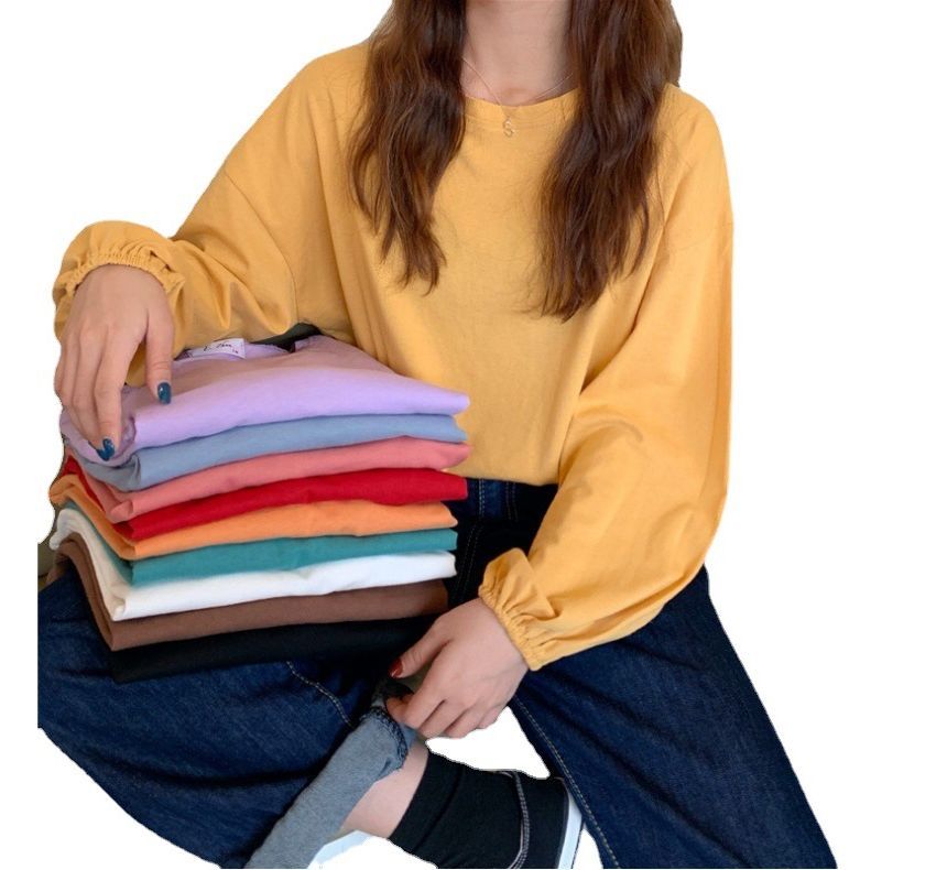 Balloon Sleeve Round Neck Plain T-Shirt