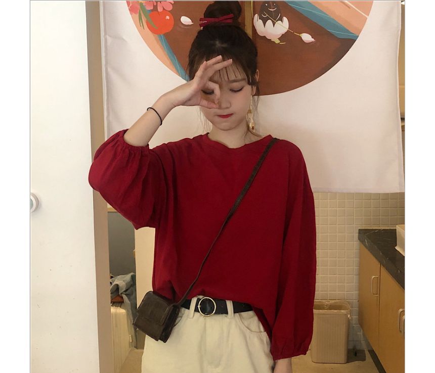 Balloon Sleeve Round Neck Plain T-Shirt