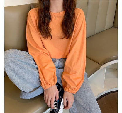 Balloon Sleeve Round Neck Plain T-Shirt