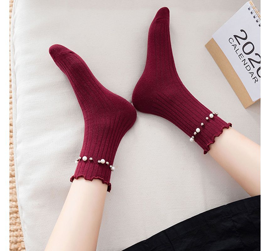 Plain Faux Pearl Beaded Short Socks