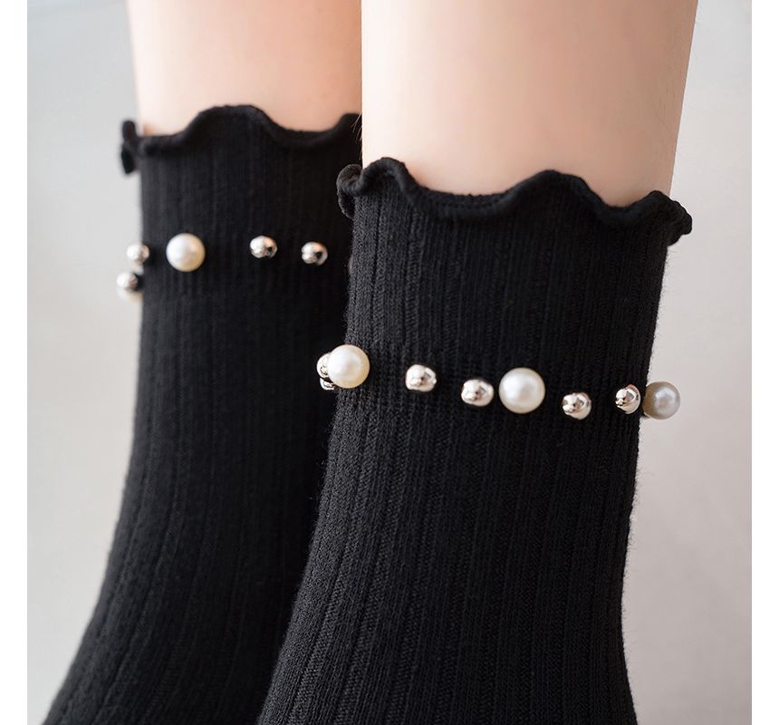 Plain Faux Pearl Beaded Short Socks