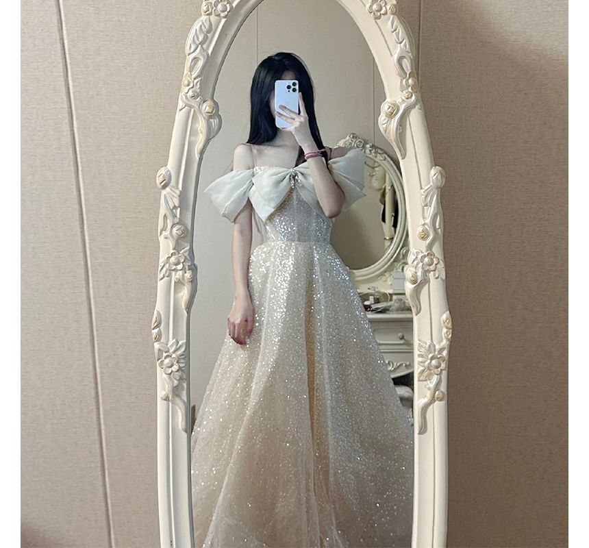 Evening Bow A-Line Sequin Gown Cold-Shoulder