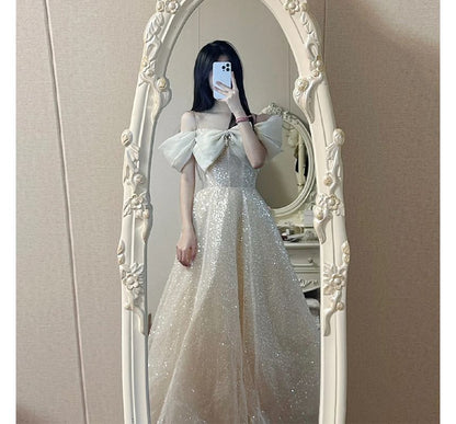 Evening Bow A-Line Sequin Gown Cold-Shoulder