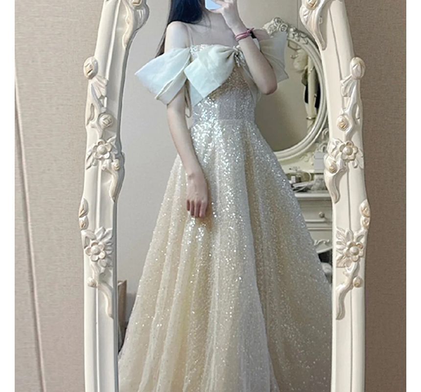 Evening Bow A-Line Sequin Gown Cold-Shoulder