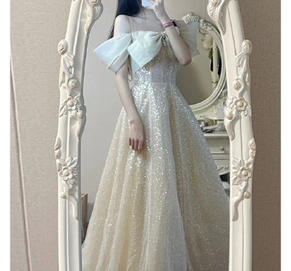 Evening Bow A-Line Sequin Gown Cold-Shoulder