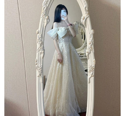 Evening Bow A-Line Sequin Gown Cold-Shoulder