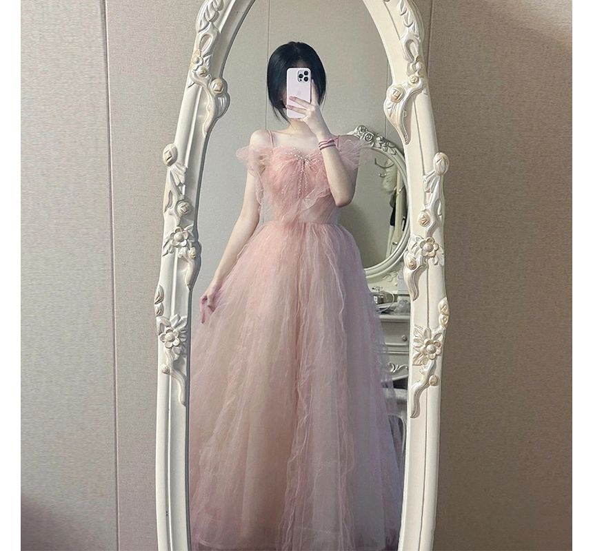 Strap Gown Spaghetti Panel Evening Plain Mesh A-Line Bow