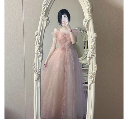 Strap Gown Spaghetti Panel Evening Plain Mesh A-Line Bow