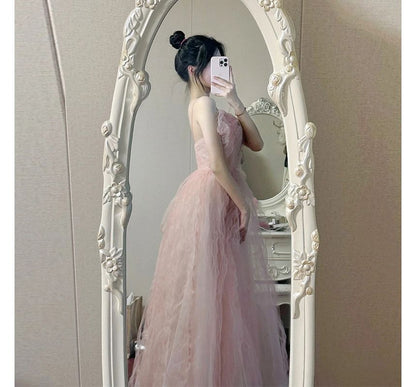 Strap Gown Spaghetti Panel Evening Plain Mesh A-Line Bow