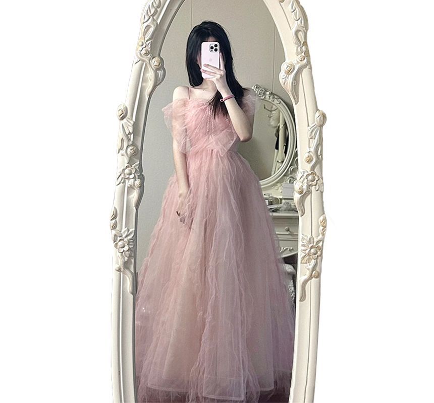 Strap Gown Spaghetti Panel Evening Plain Mesh A-Line Bow