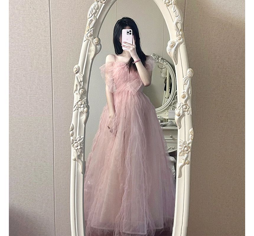 Strap Gown Spaghetti Panel Evening Plain Mesh A-Line Bow