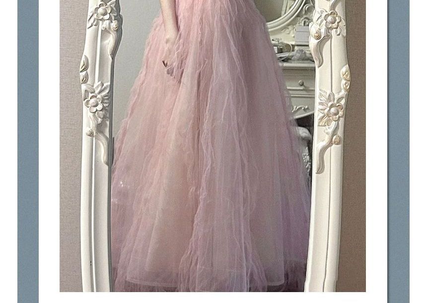 Strap Gown Spaghetti Panel Evening Plain Mesh A-Line Bow