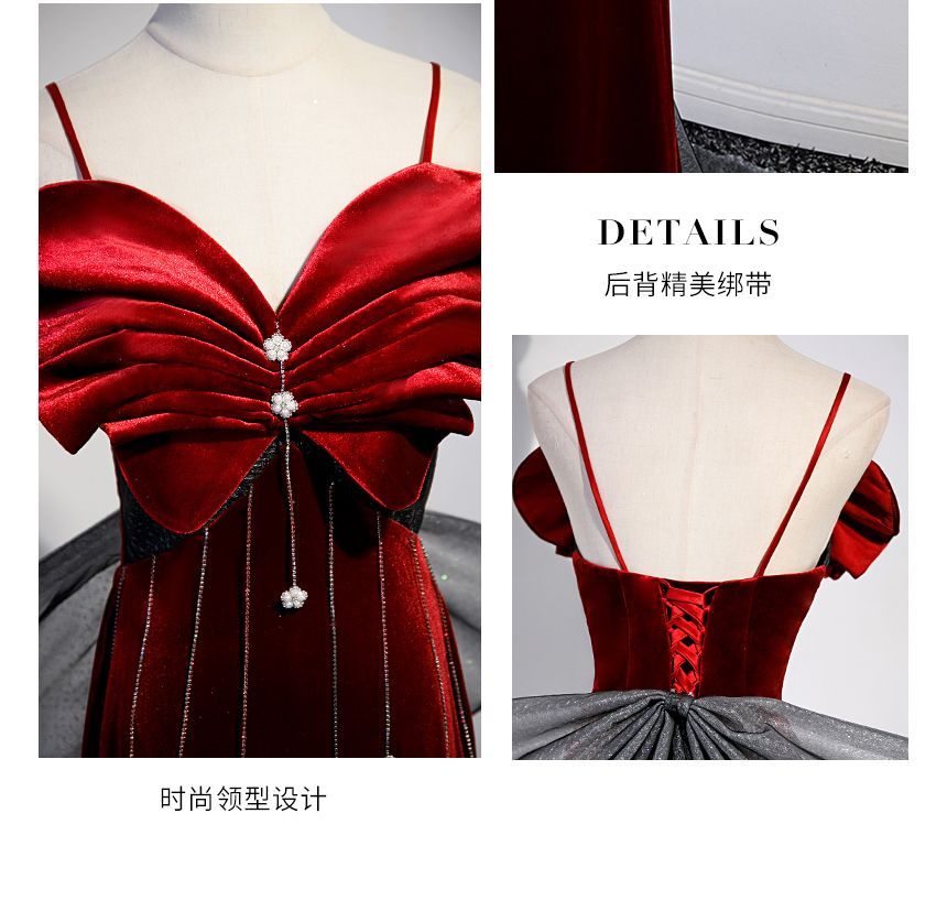 Spaghetti Strap Bow Rhinestone Mermaid Evening Gown