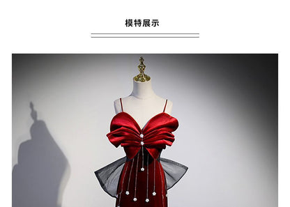 Spaghetti Strap Bow Rhinestone Mermaid Evening Gown